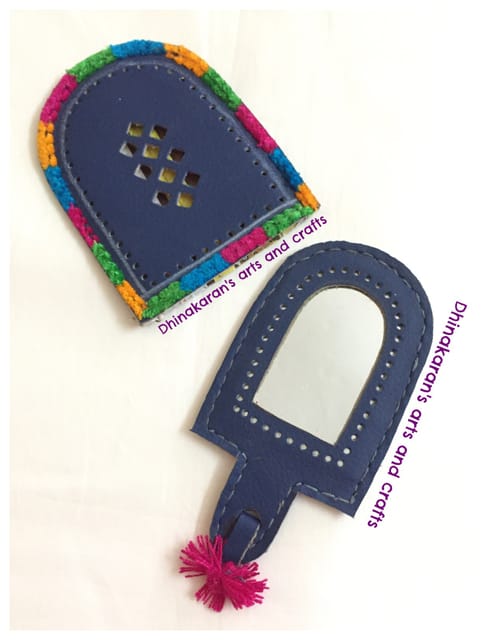 Blue Leather Hand Mirror with Pouch