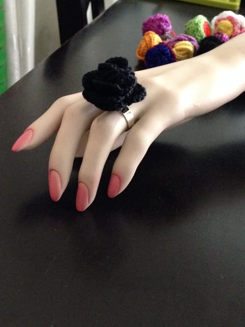 Smoky Black Crochet Finger Ring