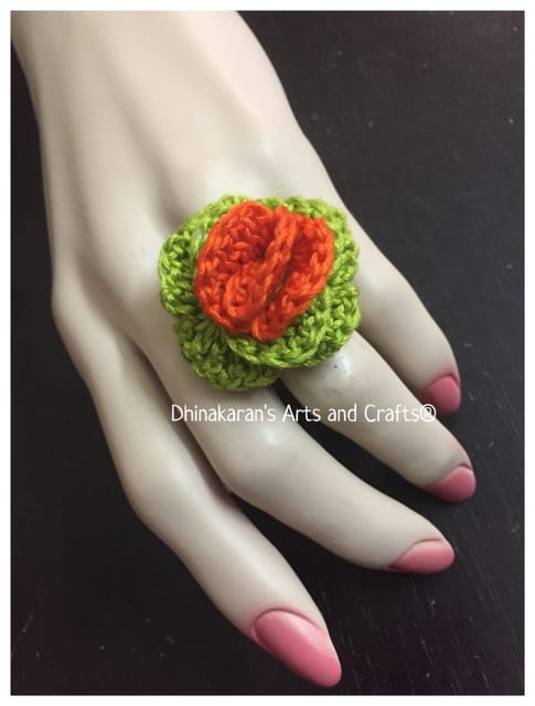 Orange n Green Rose Crochet Finger Ring