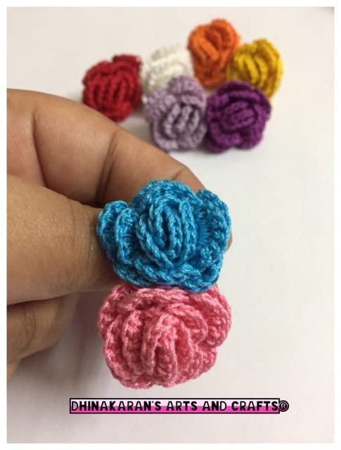 Twin Rose Crochet Brooch Pin-BLUE & PINK
