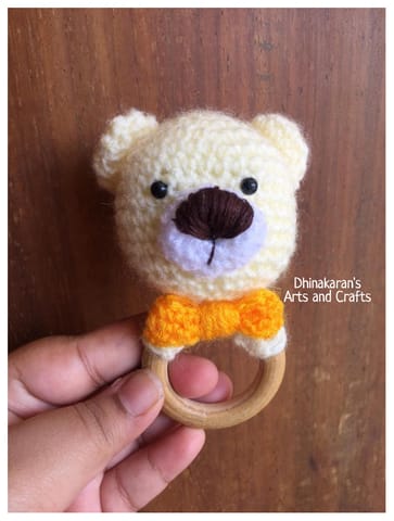 Cream Teddy Bear Crochet Baby Ring Rattle