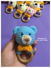 Blue Teddy Bear Crochet Baby Ring Rattle