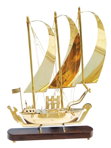 Brass Table Decor Showpiece Ship With Wooden Base - 13.5*3*19 inch (MR129 C)