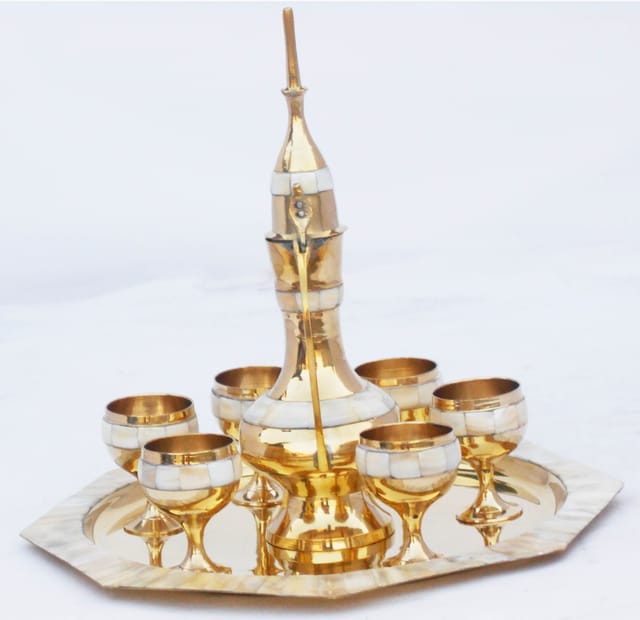 Brass Wine Set With Seep Work 6 Glass 1 Surahi 1 Tray Miniature Toy For Children Playing  - 10*10*N/A inch (Z363 E)  (MOQ-2 Pcs.)
