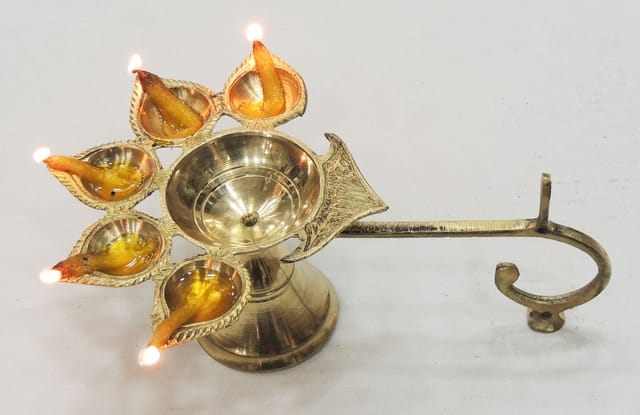 Brass Table Decor Oil Lamp Deepak 5 Wicks  (MOQ- 6 Pcs.) - 6.8*4.7*2.8 inch (F317 C)