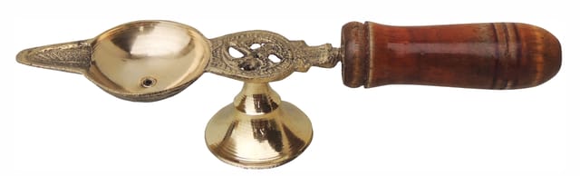 Brass Table Decor Oil Lamp Deepak With Wooden Handle  (MOQ-  12 Pcs.) - 6.5*1.5*1.2 inch (F363 B)