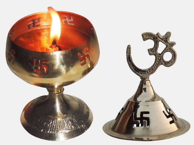 Brass Table Decor Oil Lamp Om Pakija Deepak  (MOQ-  6 Pcs.) - 2.6*2.6*3 inch (Z164 C)