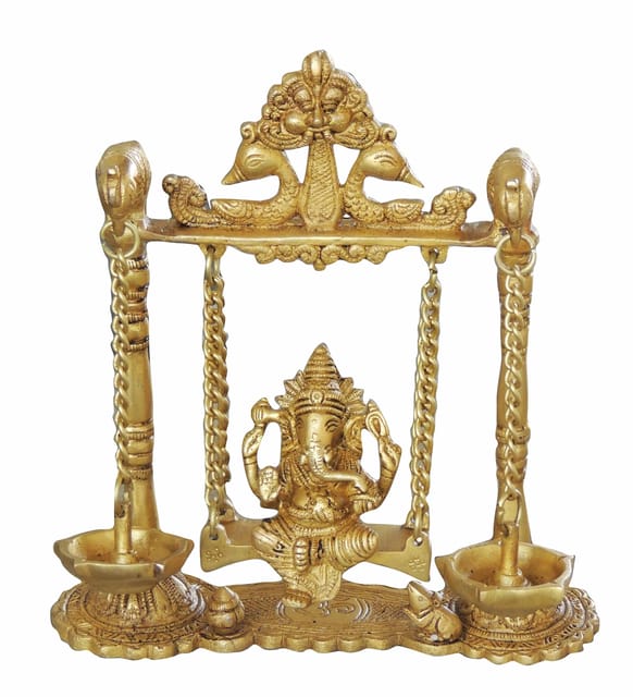 Brass Ganesh Jhula with Parrot and Deepak - 8x2.5x9 inch (BS1068 A)