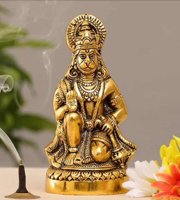 Aluminium Showpiece Hanuman JI Statue With Brass Antique Finish - 3*3*6.2 inch (AS256 G)