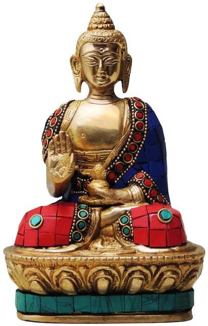 Brass Showpiece Budha Stone Statue With Turquoise Coral Stone Finish - 4*2.5*7 Inch (BS435)