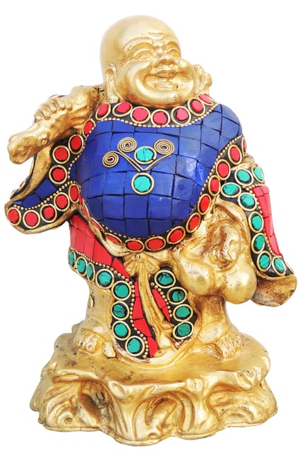 Brass Showpiece Laughing Budha Statue With Turquoise Coral Stone Finish - 5.3*4*7 Inch (BS778 A)