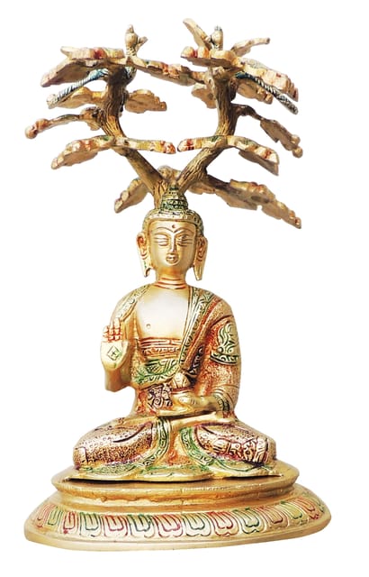 Brass Showpiece Buddha Statue With Tree - 6.7*6.5*11.2 Inch (BS360)