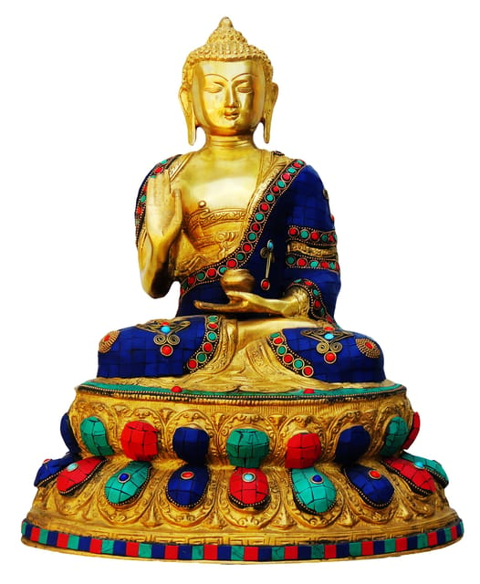 Brass Showpiece Budha Statue With Turquoise Stone Finish - 12.5*9*16 Inch (BS283)