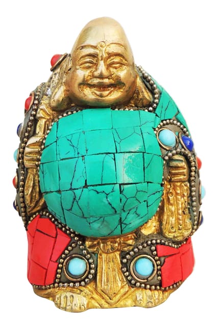 Brass Showpiece Laughing Buddha Statue With Turquoise Coral Stone Finish - 2.5*2*3.8 Inch (BS325 C)