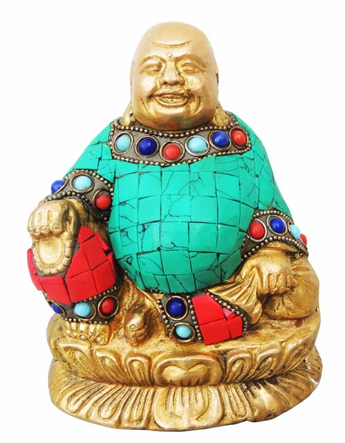 Brass Showpiece Laughing Buddha Statue With Turquoise Coral Stone Finish - 4.5*2.8*5.2 Inch (BS325 D)