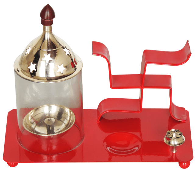 Iron & Brass Swastic Chimney Deepak In Red Color No. 2 - 7*3.5*6.5 Inches (Z512 R)