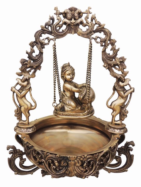 Urli With Decoration Brass Made Baby Krishna On Swing Figure Home Office Table Decor Decorative Urli - 15.5*14.7*21.5 inch (BS012 M)