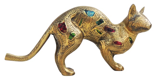 Brass Showpiece Cat Polish Meena Statue - 7*2.5*3.5 Inch (AN072)