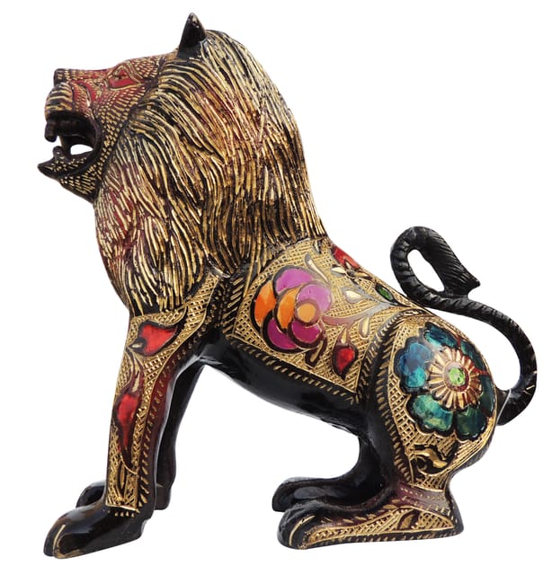 Brass Showpiece Lion Black Meena Statue - 8*3*8 Inch (AN154)