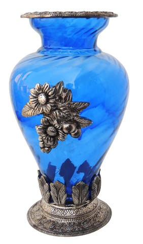 Aluminium Showpiece Flower Pot Glass Light Blue Statue - 6*6*10.5 Inch (AS147 I)