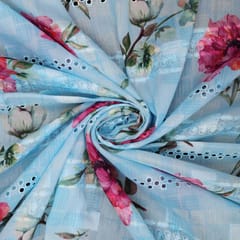 Mulmul Floral Print Embroidery -  Aqua Blue - KCC139664