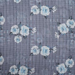 Mulmul Floral Print Embroidery - Greyish Blue - KCC139657