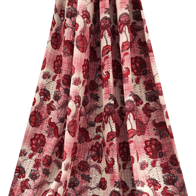 Mulmul Red and White Floral Print Embroidery - KCC139673