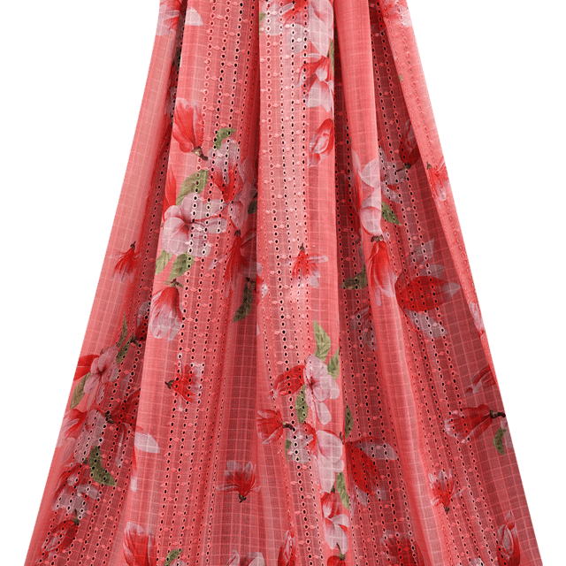 Cotton Floral Print Embroidery - Peachy Pink - KCC138232