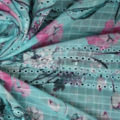 Cotton Floral Print Embroidery - Aqua Blue - KCC138243