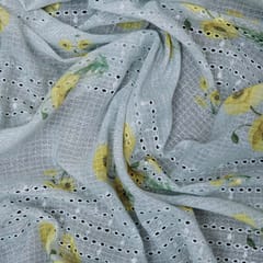Cotton Yellow Floral Print Embroidery - White - KCC138240