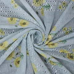 Cotton Yellow Floral Print Embroidery - White - KCC138240