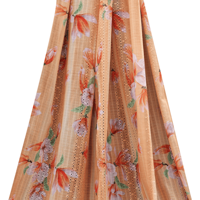 Cotton Floral Print Embroidery - Peach - KCC138244
