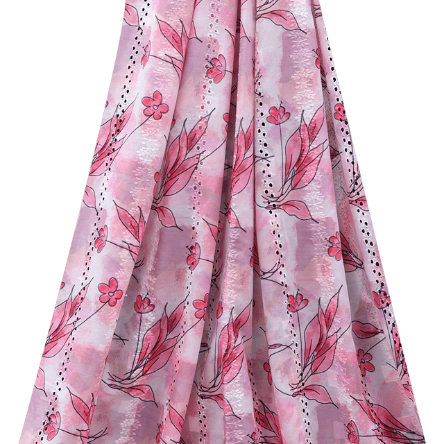 Mulmul Leafy Floral Print Embroidery - Baby Pink - KCC139660