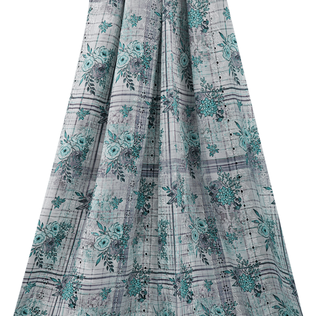 Mulmul Floral Check  Print Embroidery - KCC139679