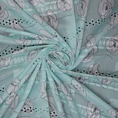 Mulmul Floral Print Embroidery - Aqua blue - KCC138928