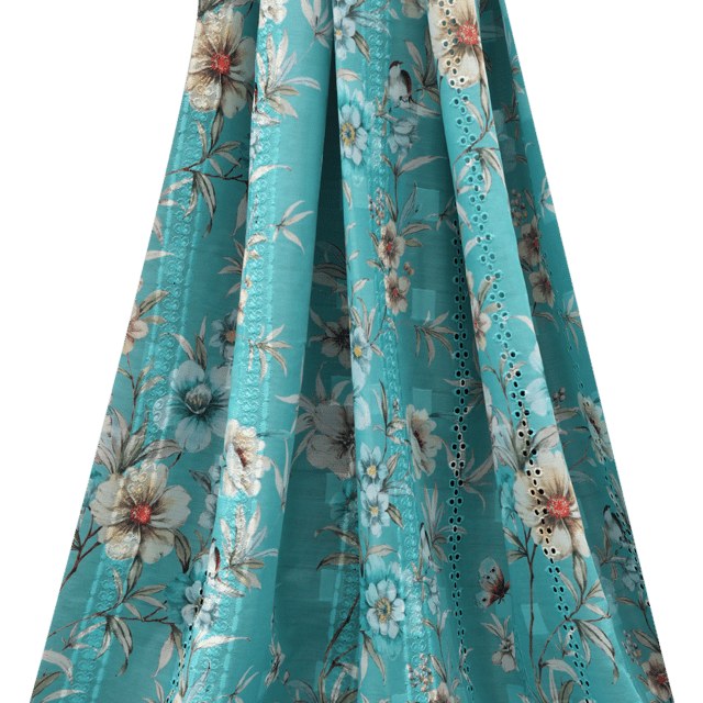 Mulmul Aqua Blue Floral Print Embroidery - KCC139659