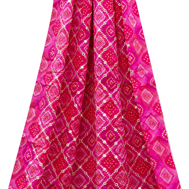 Chinon Mirror Embroidery with traditional bandhani print - Hot Pink - KCC173993