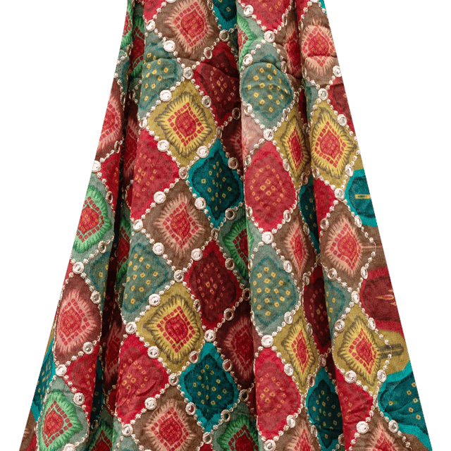 Chinon Multi-Colored Mirror Embroidery with traditional bandhani print - KCC173994
