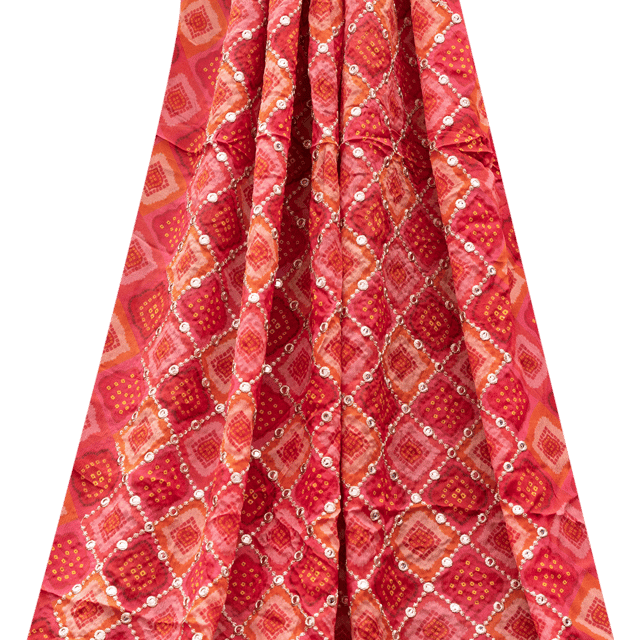Chinon Mirror Embroidery with Traditional  bandhani print - Red - KCC173992