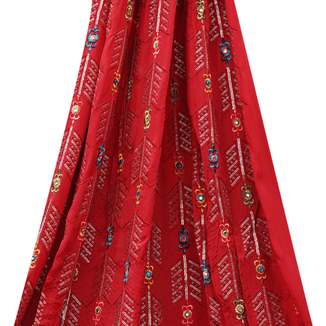 Chiffon Embroidery With Thread Floral Sequence Embroidery - Red - KCC116134