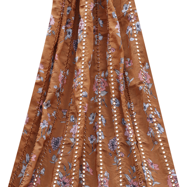 Chiffon Floral Print Embroidery with Mirror Stripes - Brown - KCC104882