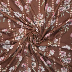 Chiffon Flora Print with Mirror Embroidery- Brown- KCC104873