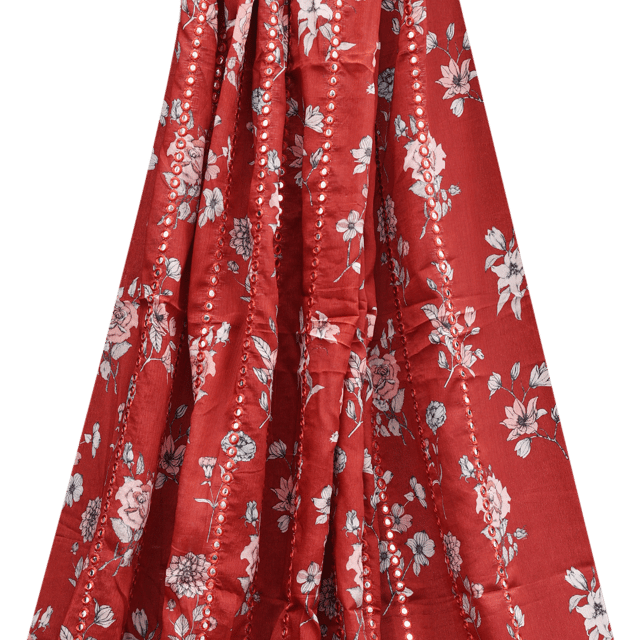 Chiffon Floral Print with Mirror Embroidery- KCC104871 - Red