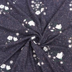 White Floral thread Embroidery Woolen Fabric. – Navy Blue