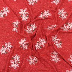 White Floral thread Embroidery Woolen Fabric. – Red - KCC189851