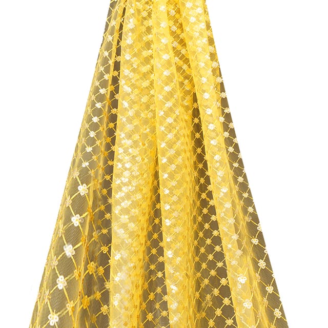Canary Yellow Net with gold Small Floral Sequins Embroidery  Fabric -  KCC190746