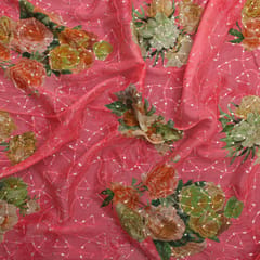 Salmon Pink floral printed Chinon Chiffon fabric with sequins embroidery -  KCC190983