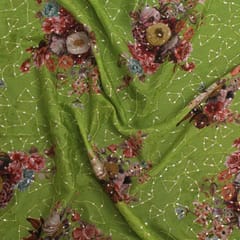 Parrot Green floral printed Chinon Chiffon fabric with sequins embroidery -  KCC190982