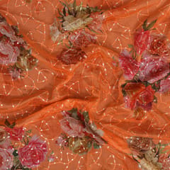 Peach floral printed Chinon Chiffon fabric with sequins embroidery - KCC190976