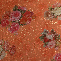Peach floral printed Chinon Chiffon fabric with sequins embroidery - KCC190976